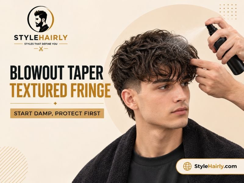 Applying heat protectant spray to damp hair before blow-drying