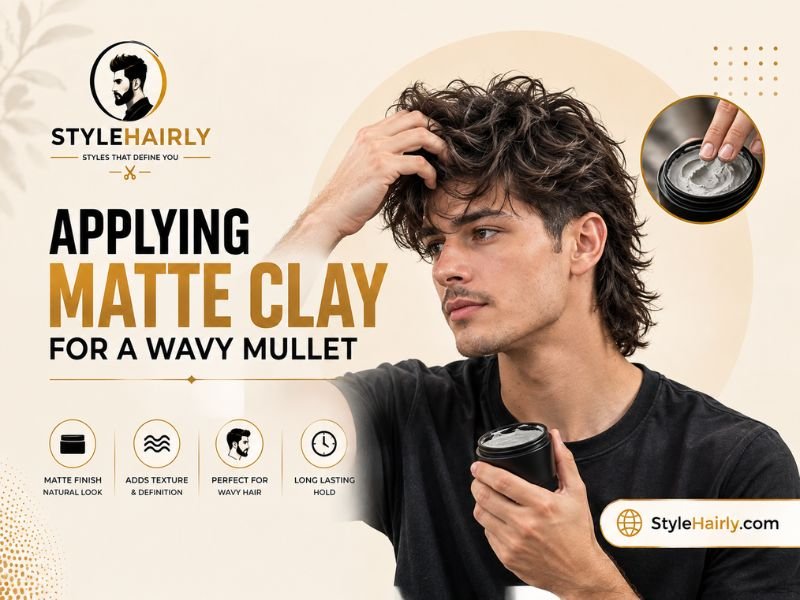 Applying matte clay to finish a wavy modern mullet hairstyle