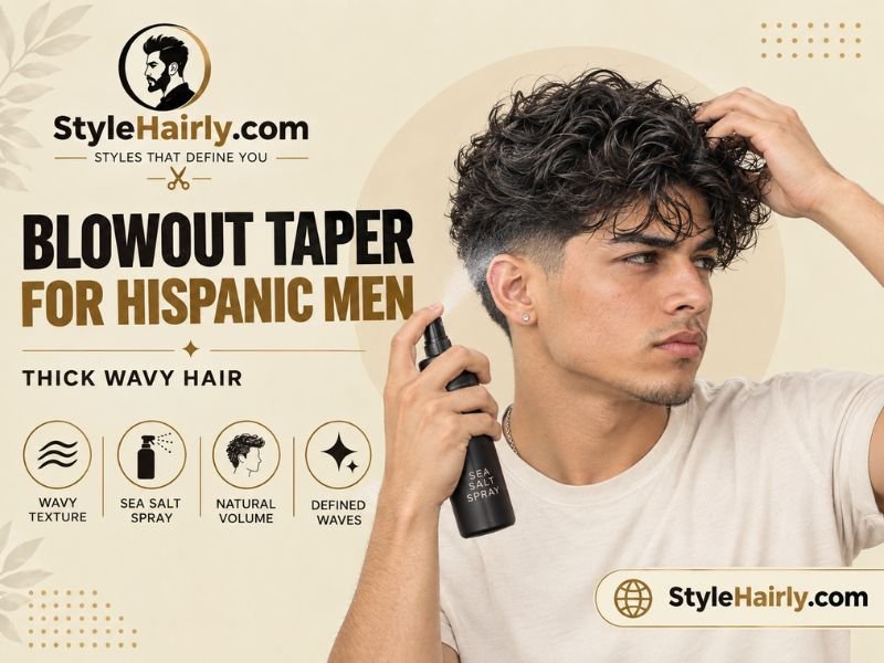 Applying sea salt spray before a wavy hair blowout taper