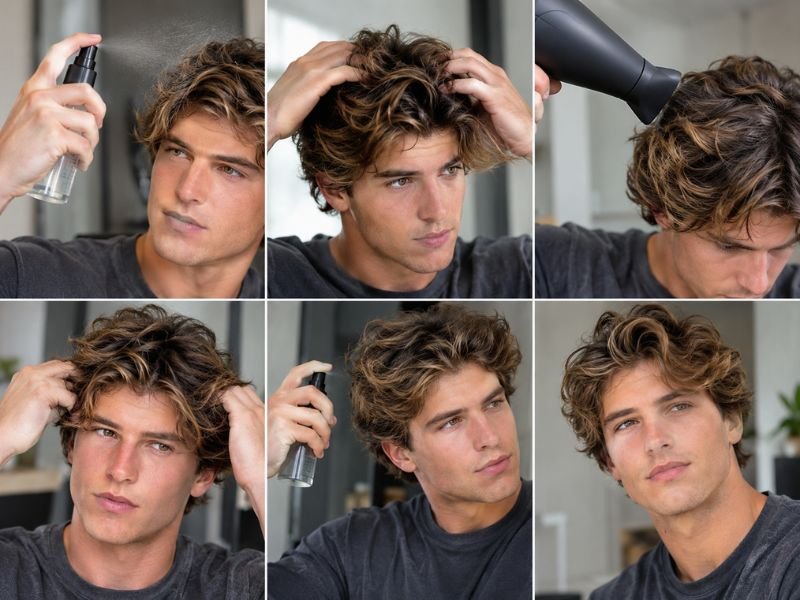 Applying sea salt spray to style surfer haircut at home