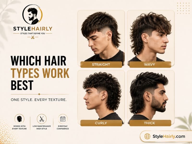 Asian mullet fade shown on straight, wavy, curly, and thick hair