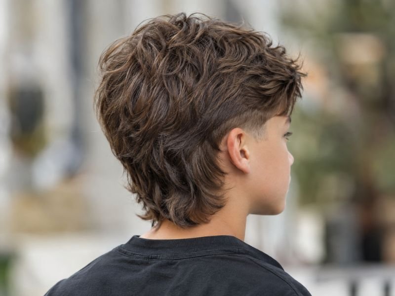 Back view of a kids mullet haircut with a clean neckline