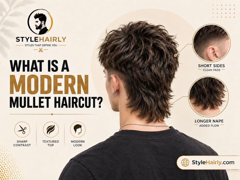 Back view of a modern mullet haircut with short sides and longer nape hair