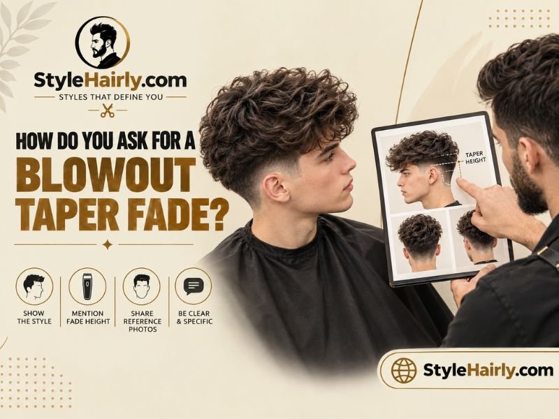 Barber consultation for a blowout taper fade with a client pointing to fade height
