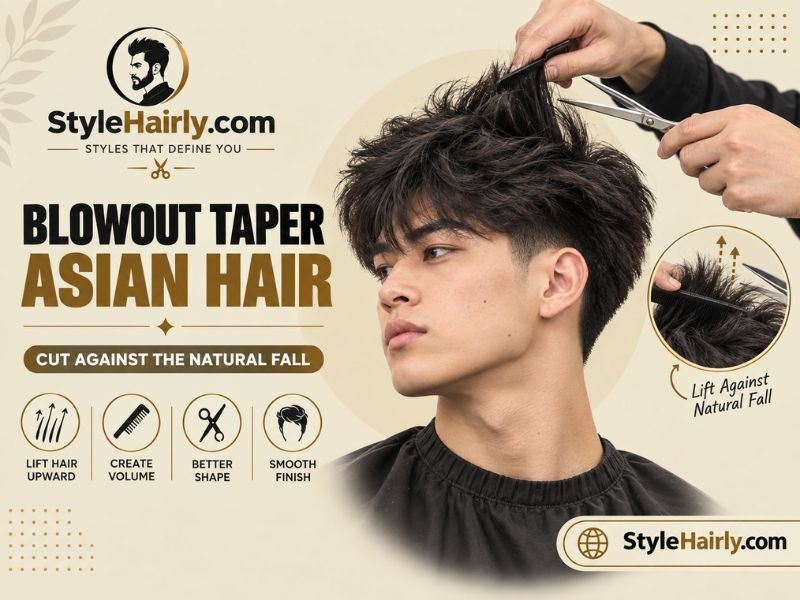 Barber cutting Asian hair against its natural fall for added lift