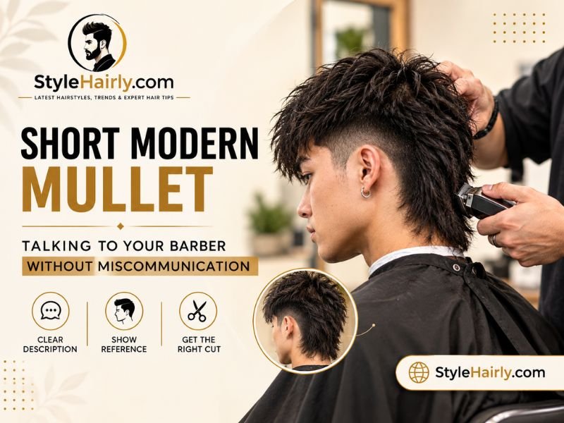 Barber discussing back length with a client getting a short modern mullet