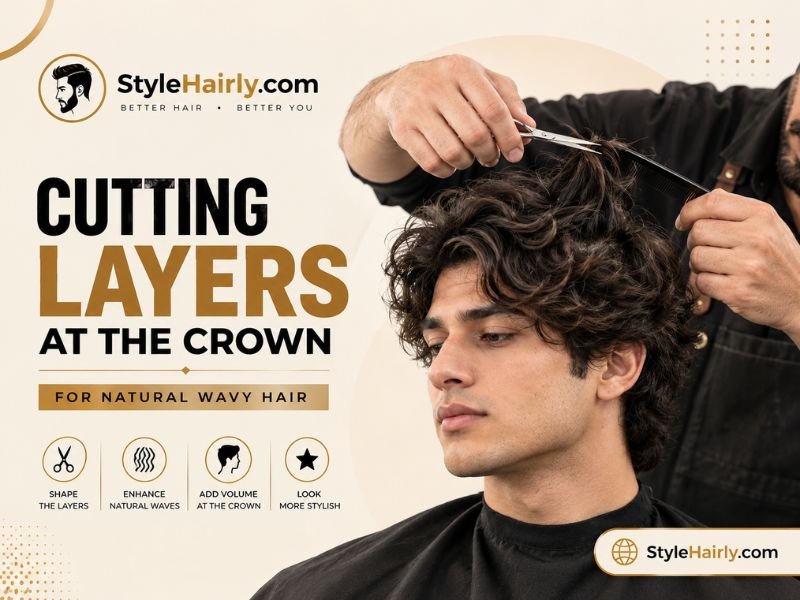 Barber layering wavy hair on top for a modern mullet haircut