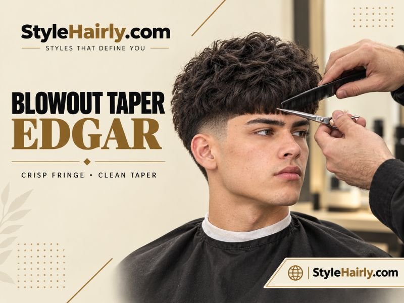Barber trimming fringe on a blowout taper edgar cut