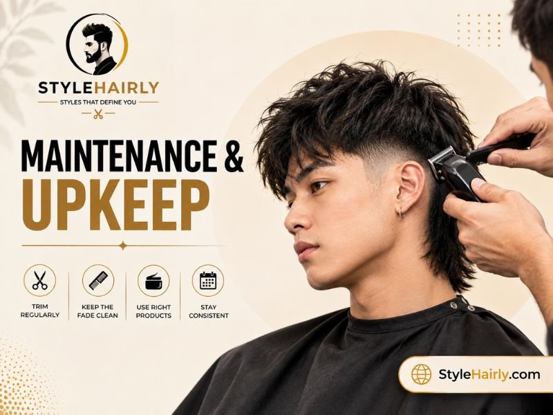 Barber trimming the fade line on a modern mullet haircut