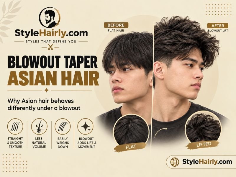 Before and after comparison of flat Asian hair and a lifted blowout taper