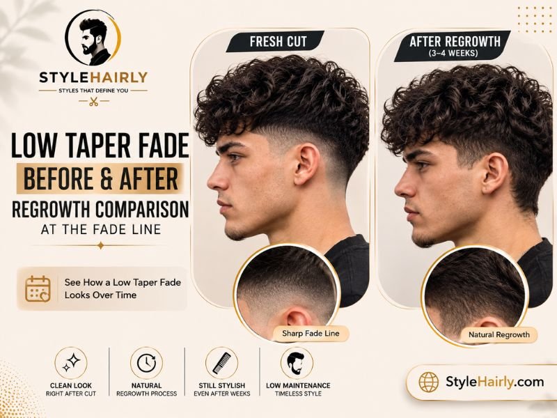 Before and after comparison of low taper fade regrowth over several weeks