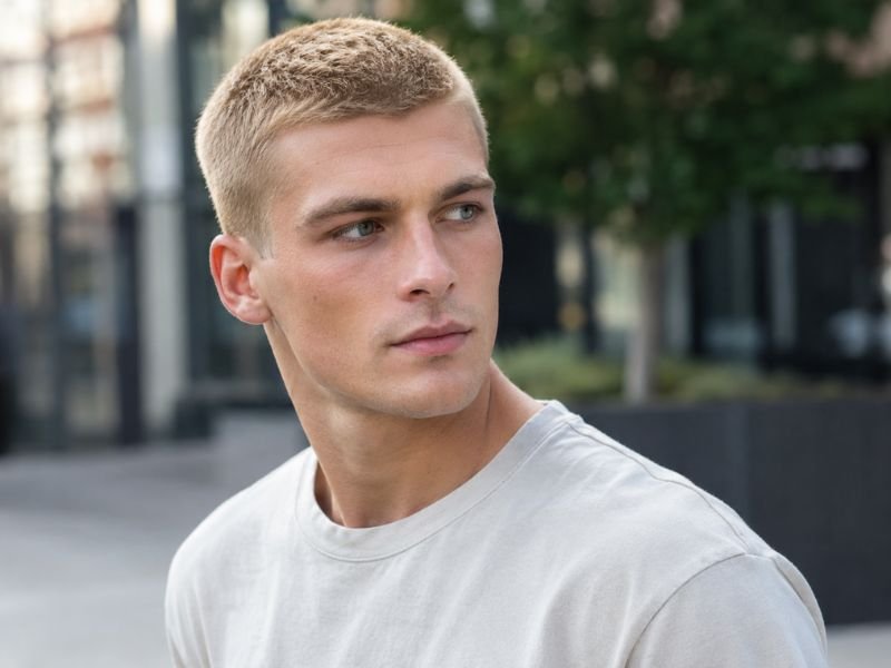 Blonde hair styled in a 10 guard buzz cut