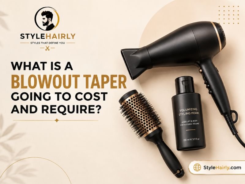 Blow dryer, round brush, and volumizing product used for a blowout taper
