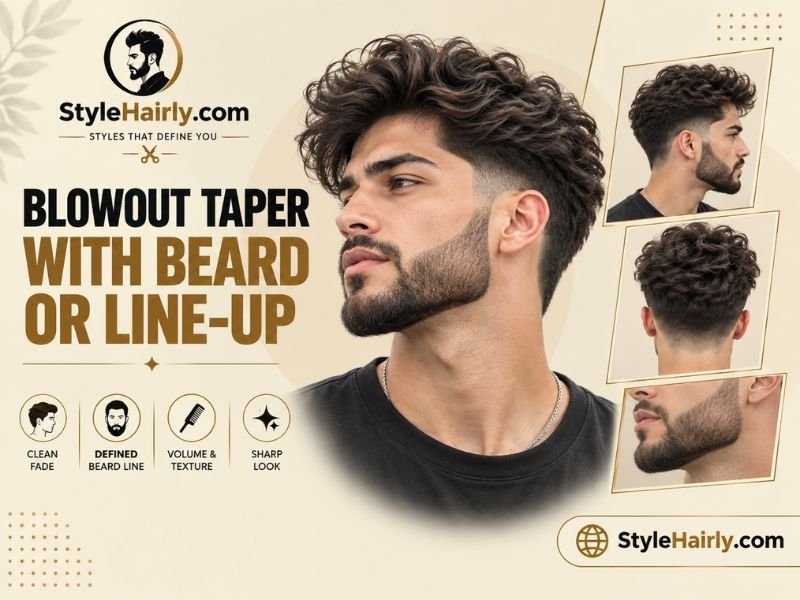 Blowout taper haircut paired with a sharp beard line-up