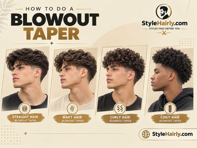 Blowout taper haircut results across straight, wavy, curly, and coily hair types