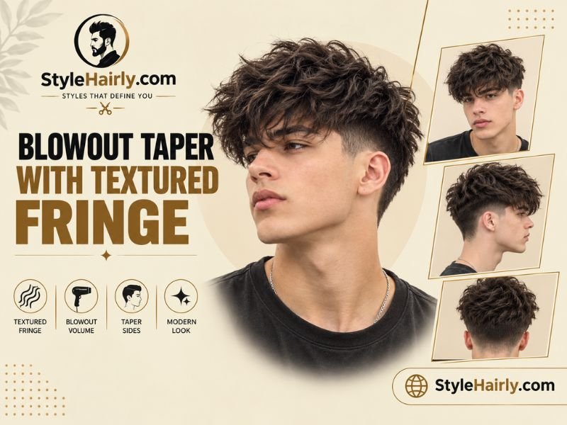 Blowout taper haircut with a textured fringe styled forward
