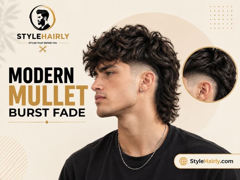 Burst fade curving around the ear on a modern mullet haircut