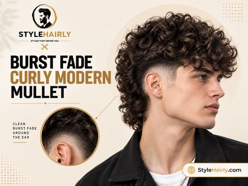 Burst fade detail on a curly modern mullet