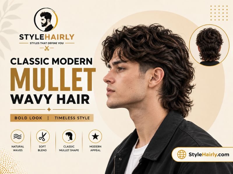 Classic modern mullet with wavy hair and softly blended sides
