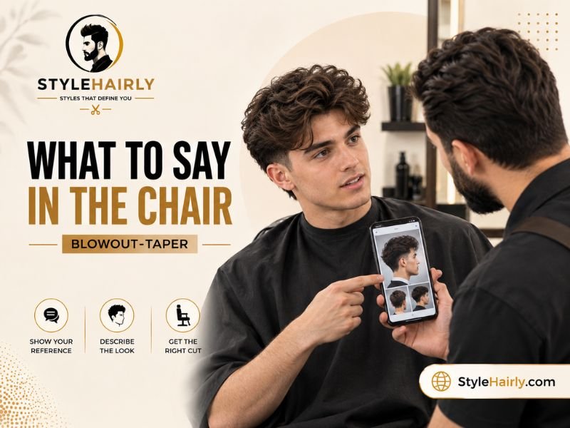 Client discussing a blowout taper reference photo with a barber