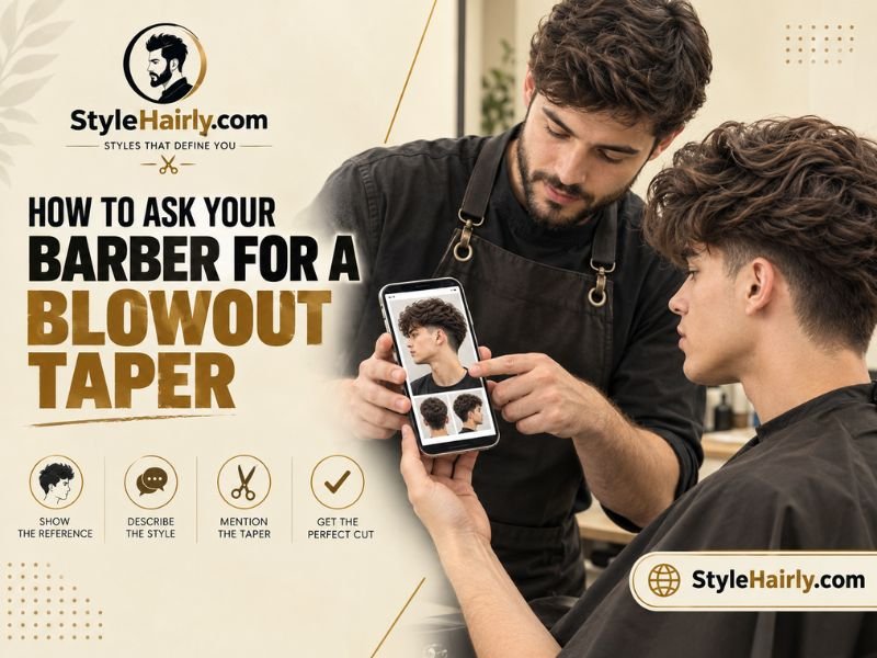 Client discussing blowout taper reference photo with barber
