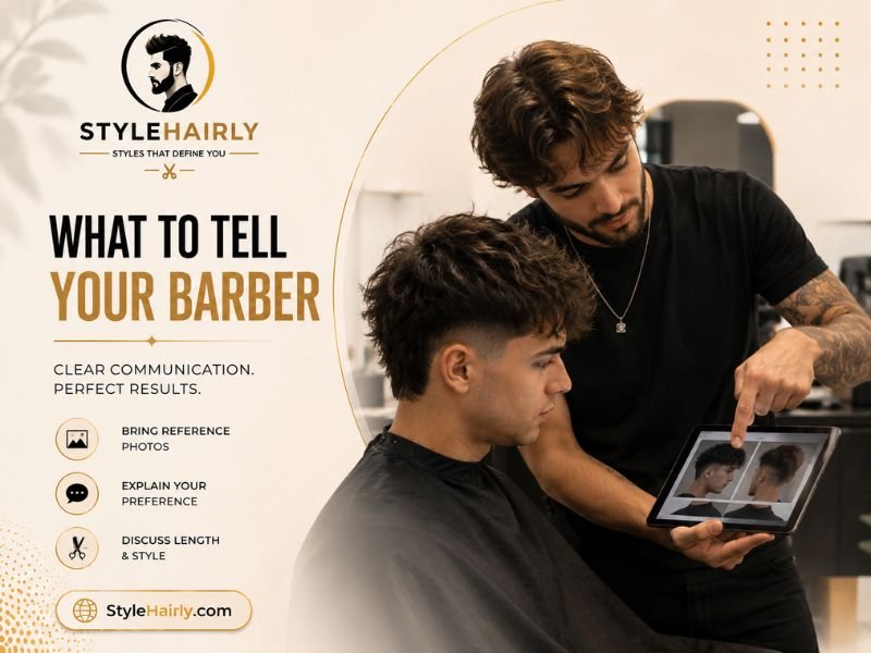 Client discussing low taper mullet haircut with barber