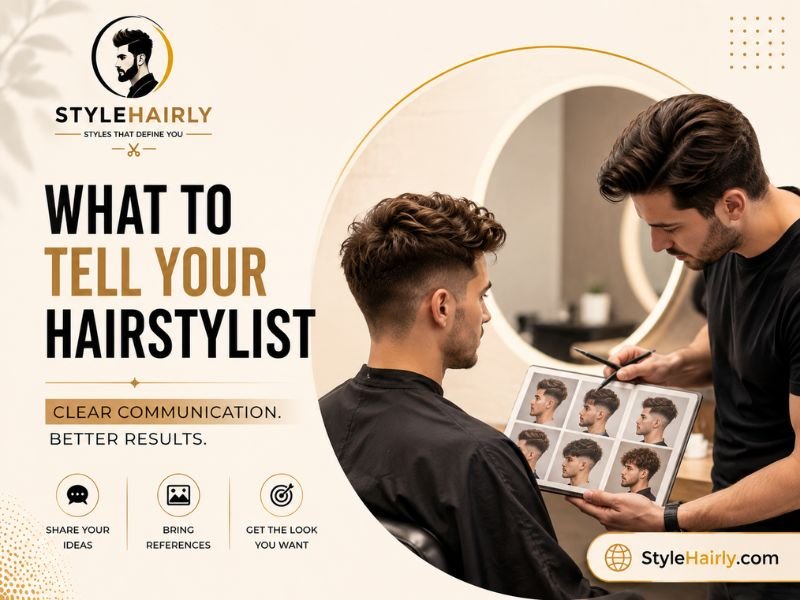 Client discussing modern mullet reference photos with hairstylist