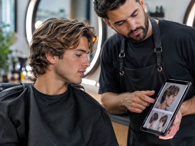 Client discussing surfer haircut styles with barber