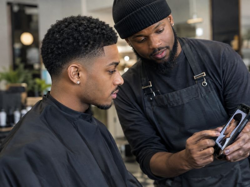 Client showing a barber a low taper fade reference photo