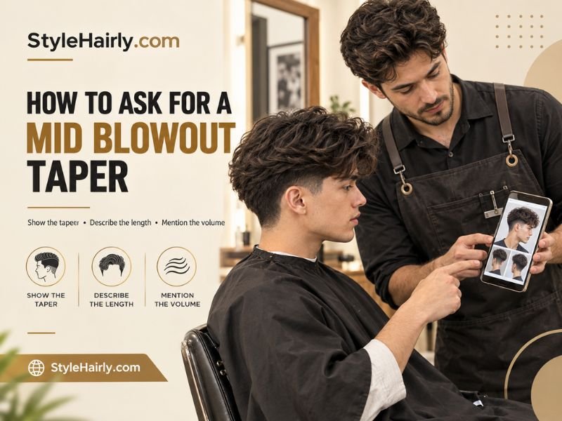 Client showing a barber a reference photo for a mid blowout taper