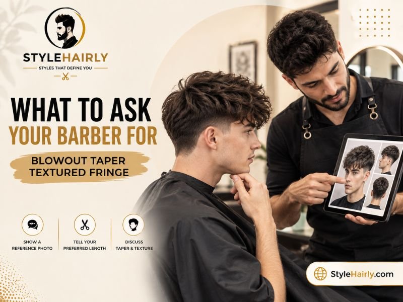 Client showing a reference photo to a barber before a taper fringe haircut