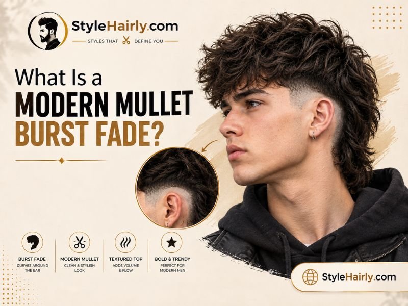Close-up of a burst fade curving around the ear on a modern mulletClose-up of a burst fade curving around the ear on a modern mullet
