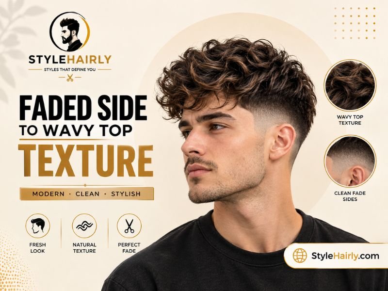 Close-up of a fade blending into wavy hair on a modern mullet