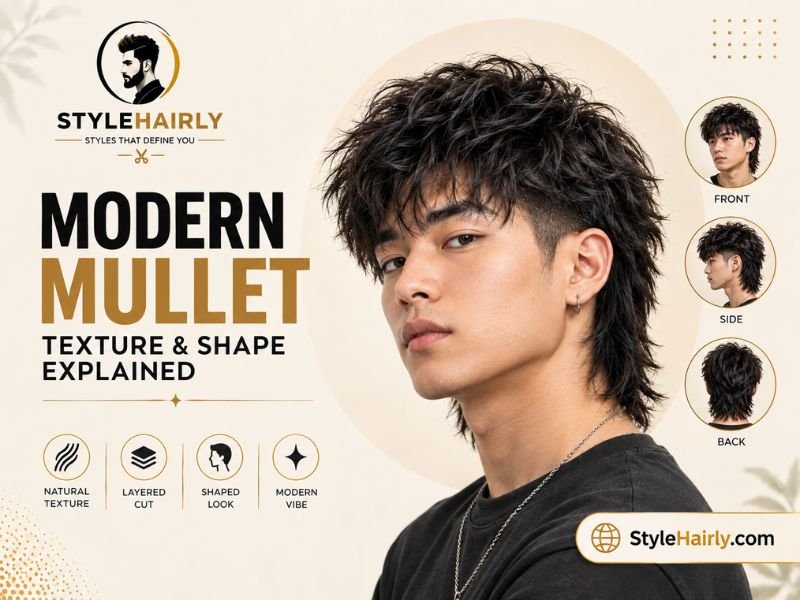 Close-up of a finished modern mullet haircut showing texture and shape