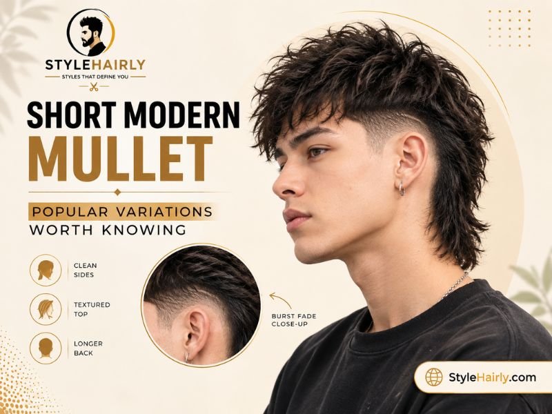 Close-up of a short modern mullet with a burst fade