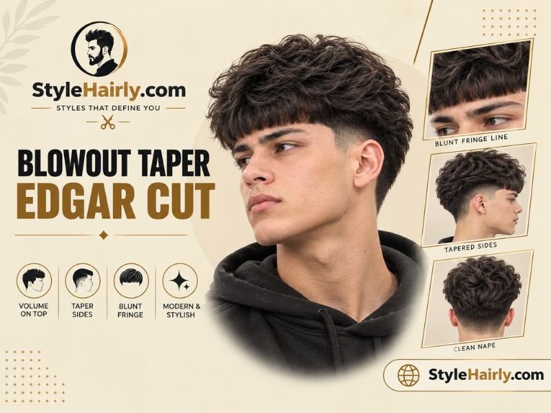 Close up of blunt fringe on a blowout taper edgar cut