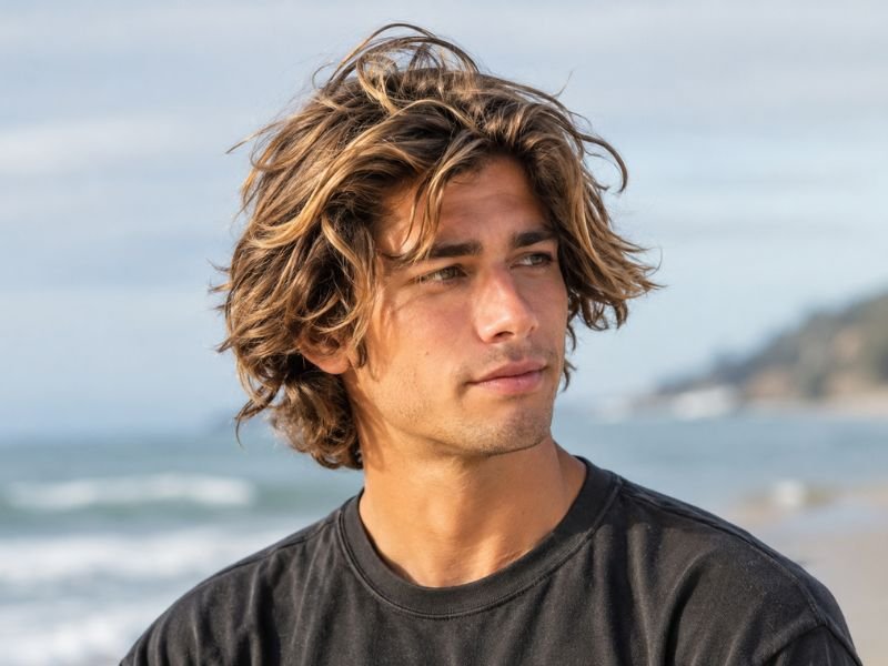 Close-up of classic textured surfer haircut