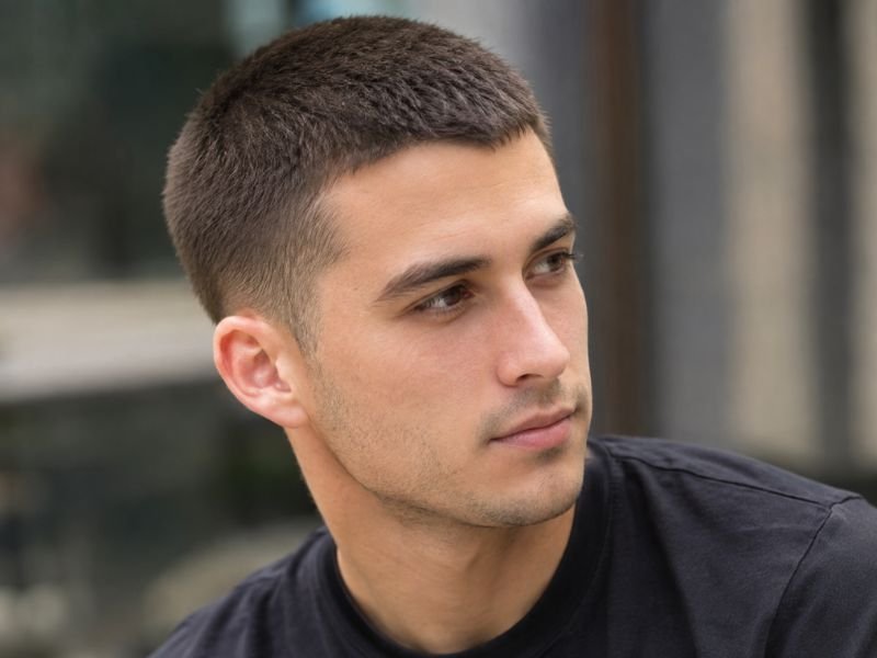 Close up of hair texture at 8 guard buzz cut length