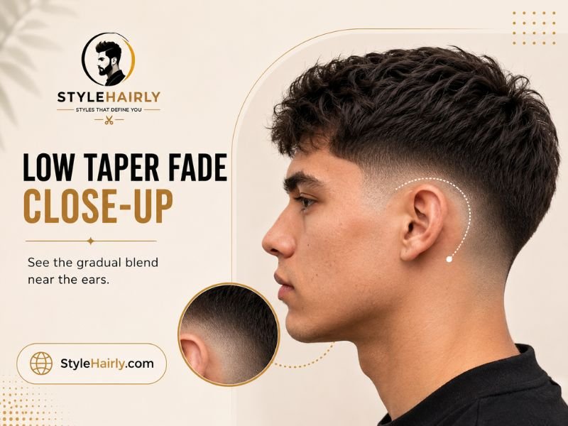 Close-up view of a low taper fade blending near the ear