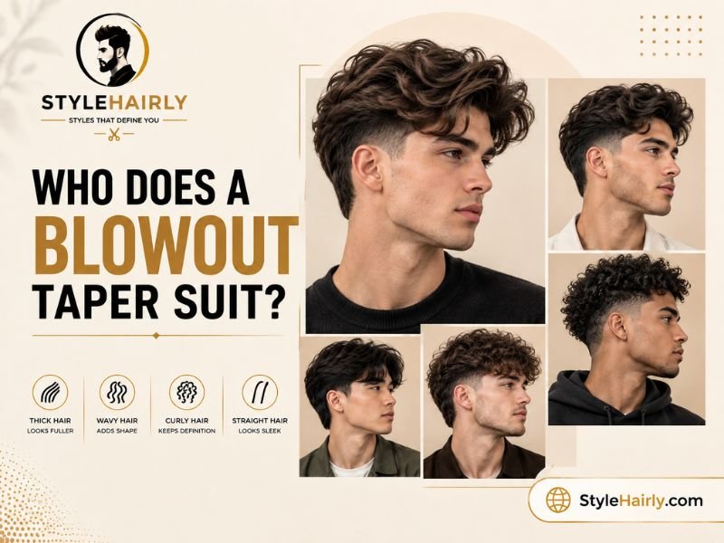 Collage of men with different hair types wearing a blowout taper