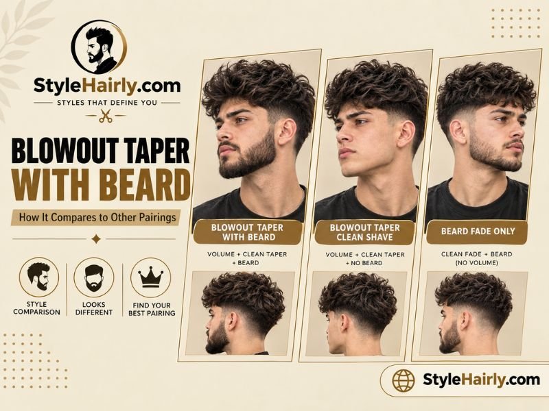 Comparison grid of a blowout taper with beard, clean shave, and beard fade only