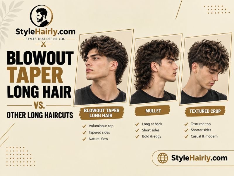 Comparison grid of a long blowout taper next to a mullet and textured crop