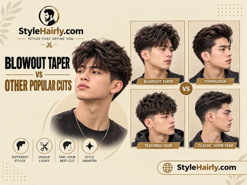 Comparison grid of blowout taper against pompadour, textured crop, and taper fade