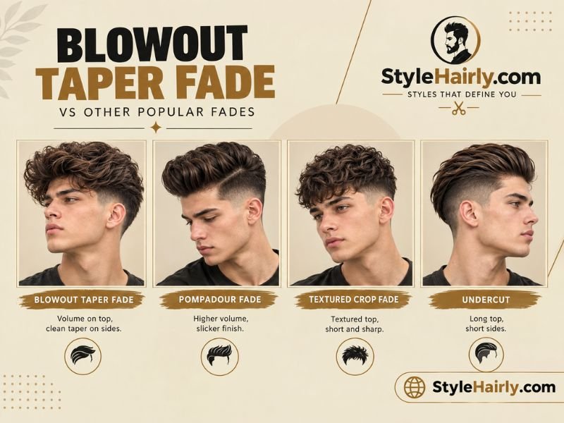 Comparison grid of blowout taper fade against pompadour, textured crop, and undercut