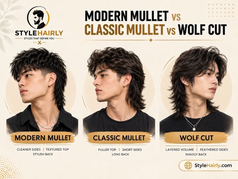 Comparison of a modern mullet, classic mullet, and wolf cut haircut