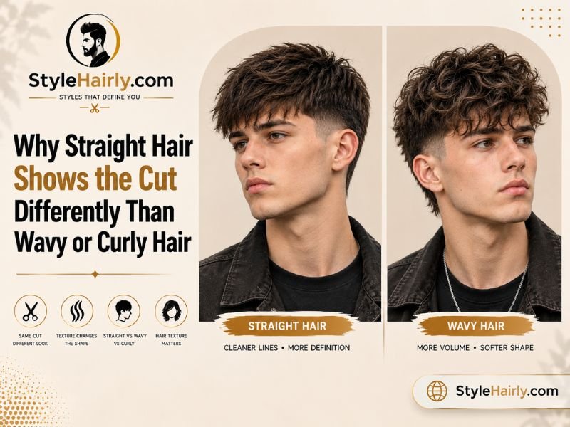 Comparison of a modern mullet haircut on straight hair and wavy hair