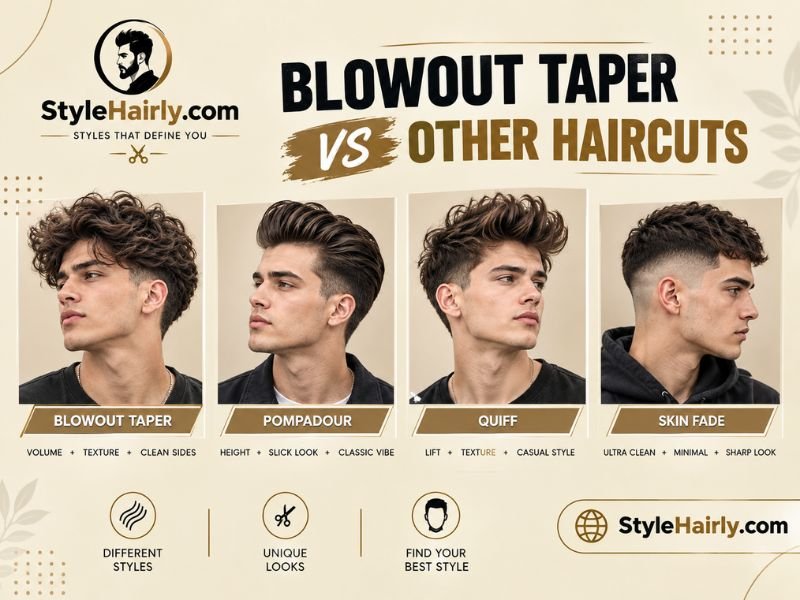 Comparison of blowout taper against pompadour quiff and skin fade haircuts