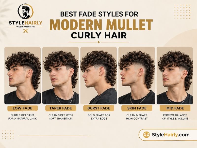 Comparison of five fade styles paired with a curly modern mullet