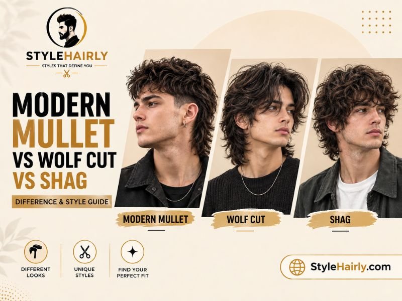 Comparison of modern mullet, wolf cut, and shag haircuts