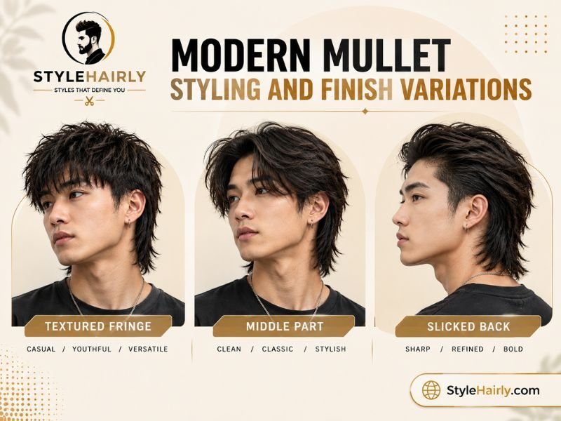 Comparison of textured, middle part, and slick back mullet styling finishes